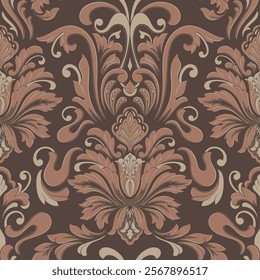 Damask Mocha Mousse seamless pattern element. Vector classical luxury old fashioned damask ornament, royal victorian seamless texture for wallpapers, textile. Vintage floral baroque template.