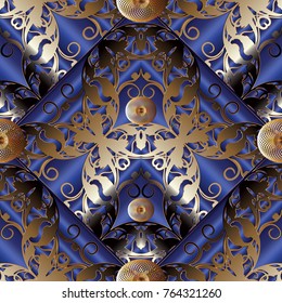 Damask modern seamless pattern. Dark blue 3d floral striped  background. Gold vintage flowers, strires, surface lace radial circles, meander, greek key, rhombus, line art tracery baroque ornaments.
