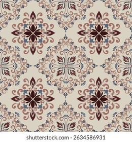 Damask mosaic style baroque,Seamless vector background.Floral ornament,Bandana pattern flora,geometric  graphic designs woven for fabric,wallpaper, carpet,rug,packaging mosaic.Ornate damask flower.