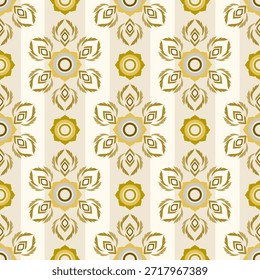 Modelo inconsútil étnico del motivo del damasco con el ornamento del oro en fondo beige. Ilustración vectorial. Ideas para Fondo de pantalla, manualidades de papel, alfombras, azulejos, alfombras, cortinas y textiles.