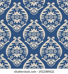 Motivo de Damask sin fisuras para papel pintado, embalaje y textil sobre fondo azul. Elementos vectoriales planos modernos abstraen tejidos interminables útiles para el diseño de mosaicos.