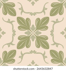 Damask Neo Klassieke Mythologie Botanie Bladeren Bloemen Middeleeuwse stijl Naadloze herhaling patroon. Delicate Hand Getrokken Royal Celadon Green Olive Scroll Ornament op Beige Achtergrond, Mozaïek Tegels Kant