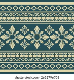 Damask Oriental Fino Ornamento Marfim no padrão de fundo verde escuro. Artesanato moda produto medieval estilo antigo boêmio para bordado tailandês seda vestuário Brocade tapete azulejos papel de parede cortina