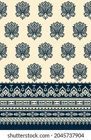 Damask orienthal artwork elements seamless repeat pattern with border print. Hand drawn, vector boho paisleys all over print with placed graphic at bottom.