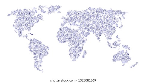 Damask ornament in the form of a map of the earth. Кalamkari ornament, flower pattern in the form of a map of the earth. Vector illustration.