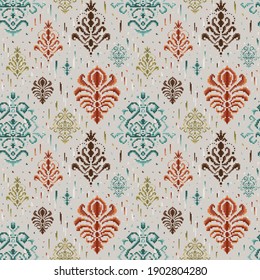 Damask ornament seamless pattern in vintage colors. Syrian ethnic ornament in pixel art. Repeating background for wallpapers, prints, textiles and fabric design.