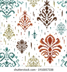 Damask Ornament Seamless Pattern In Vintage Colors. Syrian Ethnic Ornament In Pixel Art. Repeating Background For Wallpapers, Prints, Textiles And Fabric Design.