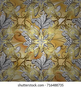 Damask ornamental ornament. Traditional vector and golden pattern. Classic oriental background with white doodles.