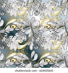 Damask ornamental pattern for design. Vector ornamental pattern on background with golden elements and with white doodles. Vector illustration.