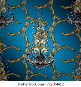 Damask ornamental pattern for design. Vector ornamental pattern on blue, brown and black colors with golden elements and with white doodles. Vector illustration.