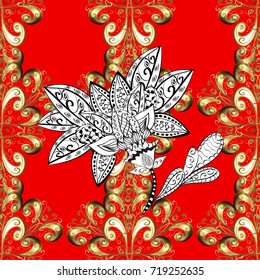 Damask ornamental pattern repeating background. Golden element on red, white and brown colors. Gold red, white and brown floral ornament in baroque style. Antique golden repeatable wallpaper.