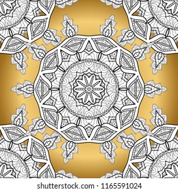 Damask ornamental repeating pattern. Antique golden repeatable wallpaper. Gold floral ornament in baroque style. Golden element on white, yellow and black colors.