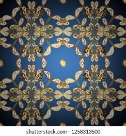 Damask ornamental repeating pattern. Antique golden repeatable wallpaper. Gold floral ornament in baroque style. Golden element on blue, white and brown colors.