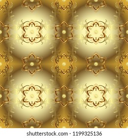 Damask ornamental repeating pattern. Gold floral ornament in baroque style. Antique golden repeatable wallpaper. Golden element on brown, neutral and yellow colors.