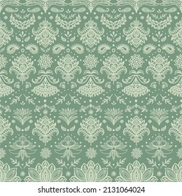 Damask paisley sage green seamless repeat pattern. Hand drawn, vector boho ethnic elements, flowers, leaves and dots all over print in pastel greens.