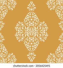 Damask pattern with arabesques seamless background. Ornament in Eastern style. Gold, yellow. Vector graphics. For fabric, tile, wallpaper or packaging.