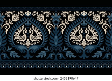 Damastmuster Hintergrund Geometrische ethnische orientalische Ikat nahtlose Muster traditionelles Design für Hintergrund, Teppich, Bildschirmhintergrund, Kleidung, Verpackung, Batik, Stoff, Illustration Stickerei Stil.