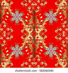 Damask pattern background for wallpaper design in the style of Baroque. Golden pattern on red background with golden elements. Ornate vector decoration.