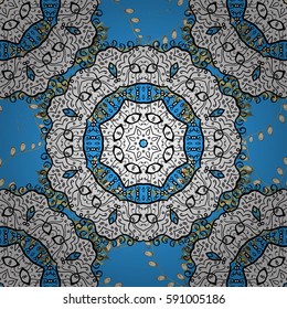 Damask pattern background for wallpaper design in the style of Baroque. Golden pattern on blue background with golden elements. Ornate vector decoration.