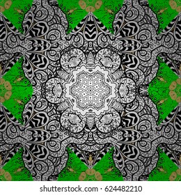 Damask pattern background for wallpaper design in the style of Baroque. Golden pattern on green background with golden elements. Ornate vector decoration.
