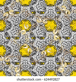 Damask pattern background for wallpaper design in the style of Baroque. White pattern on yellow background with white elements. Ornate vector decoration.