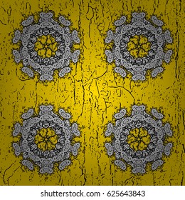 Damask pattern background for wallpaper design in the style of Baroque. White pattern on yellow and white background with white elements. Ornate vector decoration.