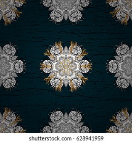 Damask pattern background for wallpaper design in the style of Baroque. Golden pattern on blue background with golden elements. Ornate vector decoration.