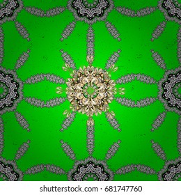 Damask pattern background for wallpaper design in the style of Baroque. Golden pattern on green background with golden elements. Ornate vector decoration.