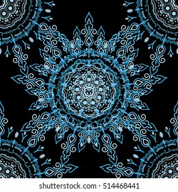 Damask pattern in baroque style. Baroque ornament. Wallpaper with antique floral medieval baroque abstract flowers and ornaments. Baroque damask vintage blue vector seamless pattern background.