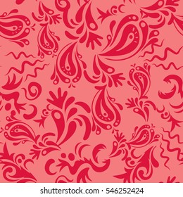 Damask pattern in baroque style. Baroque damask vintage pink and red vector seamless pattern background.