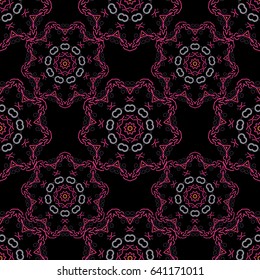 Damask pattern in baroque style. Baroque damask vintage orange, magenta and purple vector seamless pattern background. Wallpaper with antique medieval baroque abstract ornament.