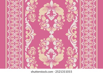 Patrón de damasco con un diseño floral clásico. Patrones de bordado africanos, paisley, boho, floral ikat, diseños florales étnicos, ikat sari, patrones ikat y patrones étnicos.
