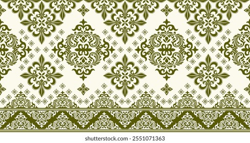 damask pattern in a classic green and cream color palette.The intricate floral and geometric motifs create a timeless and elegant design. This versatile pattern is perfect for a variety of application