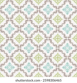 Damask pattern consists of curved flowers and leaves. The design uses soft colors, making the image easy on the eyes and suitable for interior decoration that requires classic luxury.