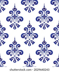 Damask pattern, decorative floral ornament backdrop baroque style, porcelain ceramic, blue and white background for design texture, batik, carpet, silk and fabric, vintage victorian wallpaper vector