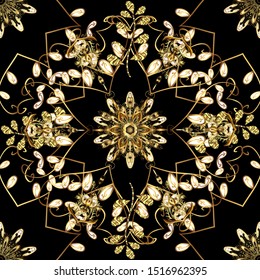 Damask pattern for design. Vector pattern on brown and black colors with golden elements.