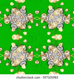 Damask pattern for design. Vector pattern on green background with golden elements.