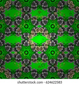 Damask pattern for design. Vector pattern on green background with golden elements.