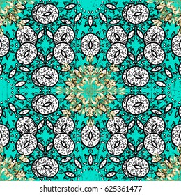 Damask pattern for design. Vector pattern on blue background with golden elements.