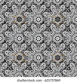 Damask pattern for design. Vector seamless on gray background with golden elements and with dim doodles.