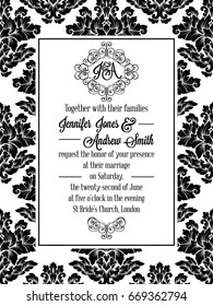 Damask pattern design for wedding invitation in black and white. Pattern is included as seamless swatch for easier use and edit