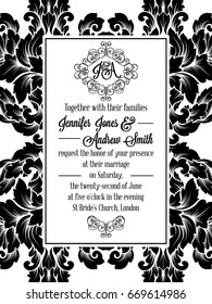 Damask pattern design for wedding invitation in black and white. Pattern is included as seamless swatch for easier use and edit