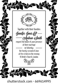 Damask pattern design for wedding invitation in black and white. Pattern is included as seamless swatch for easier use and edit