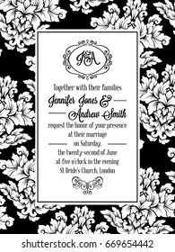 Damask pattern design for wedding invitation in black and white. Pattern is included as seamless swatch for easier use and edit