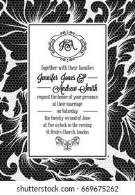 Damask pattern design for wedding invitation in black and white lace. Pattern is included as seamless swatch for easier use and edit