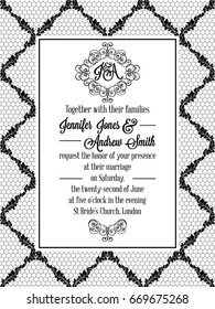 Damask pattern design for wedding invitation in black and white lace. Pattern is included as seamless swatch for easier use and edit