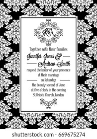 Damask pattern design for wedding invitation in black and white. Pattern is included as seamless swatch for easier use and edit