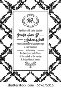 Damask pattern design for wedding invitation in black and white. Pattern is included as seamless swatch for easier use and edit