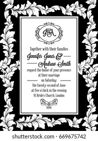 Damask pattern design for wedding invitation in black and white. Pattern is included as seamless swatch for easier use and edit