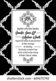 Damask pattern design for wedding invitation in black and white. Pattern is included as seamless swatch for easier use and edit